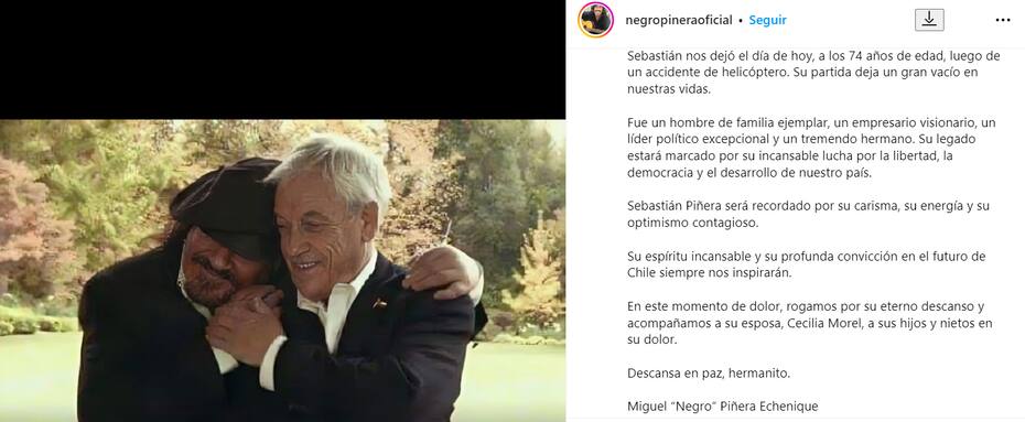 Dedicatoria de Miguel Piñera a Sebastián Piñera. Créditos: @negropineraoficial