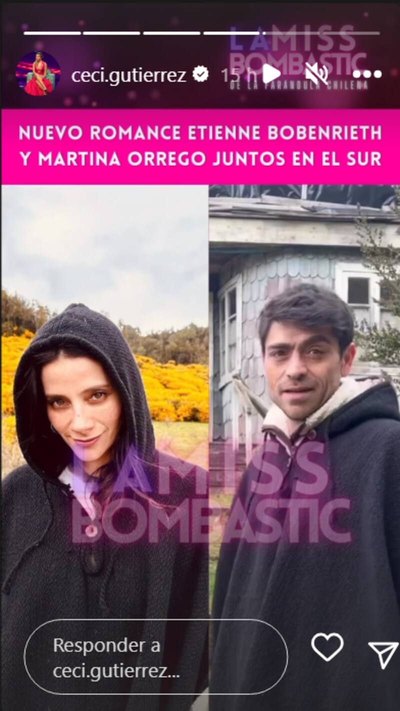 Según información publicada por la periodista Cecilia Gutiérrez por Instagram, Etienne Bobenrieth y Martina Orrego tendrían un romance y estarían juntos en el sur.