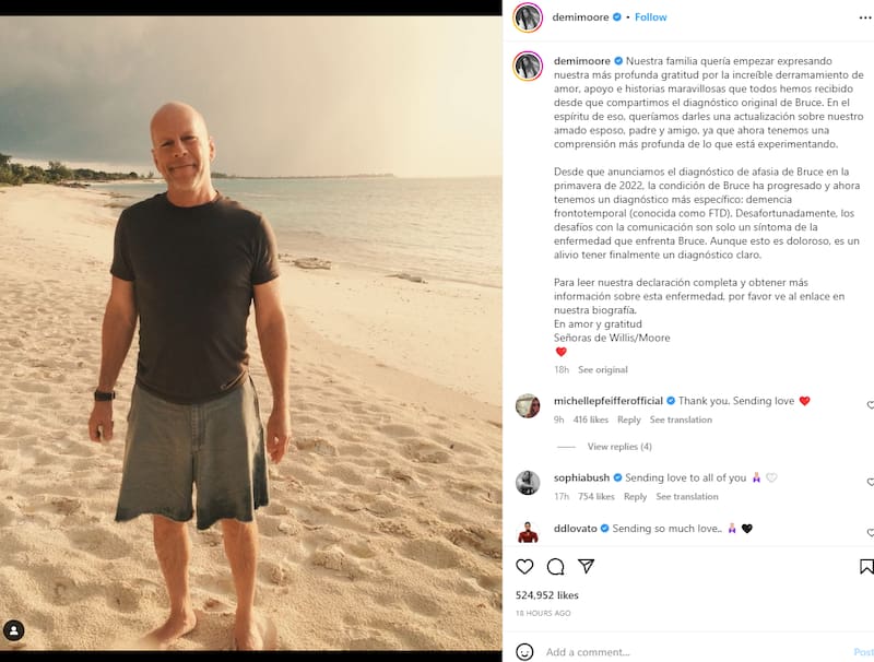Mediante un comunicado de Instagram la actriz y ex pareja de Bruce Willis actualizo su diagnostico