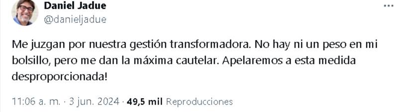 Tuit de Daniel Jadue tras la medida cautelar.