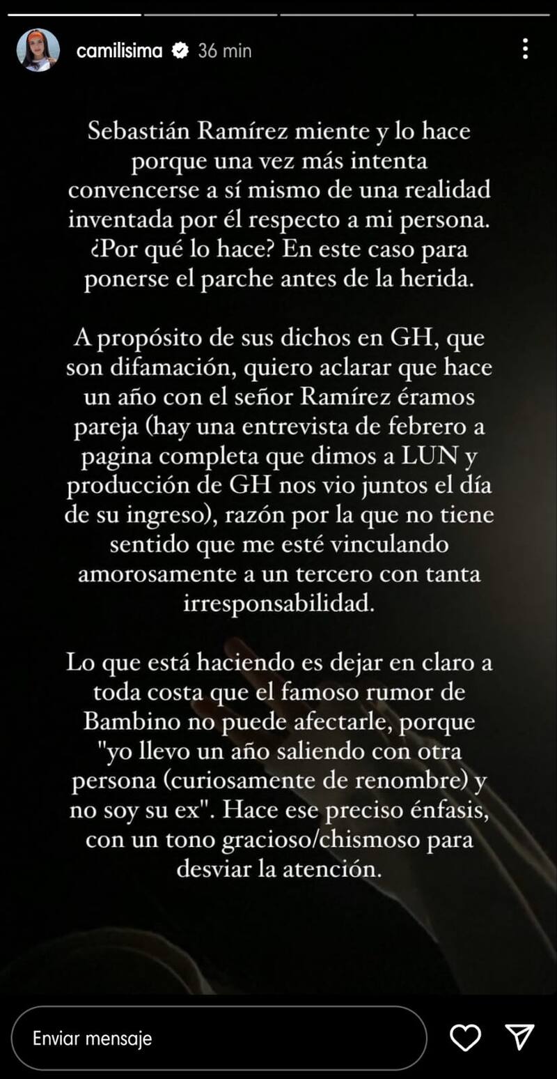 Camila Campos, Camilísima, en sus historias de Instagram.