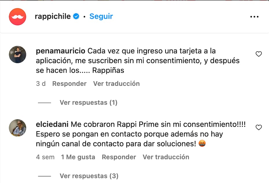 Estos son algunas de las quejas contra Rappi por supuestos cobros indebidos de la empresa. (Foto: Captura Instagram @rappichile)