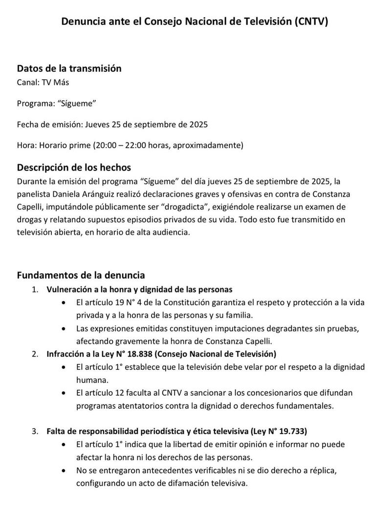Parte de la denuncia formal de Paola Capelli contra Daniela Aránguiz.