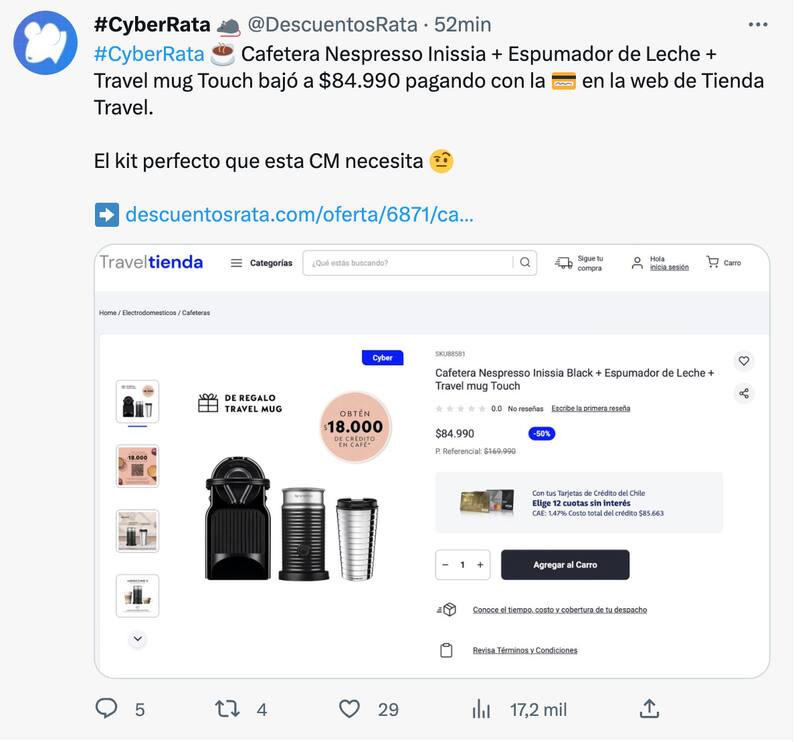 Cafetera Nespresso con 50% de descuento en Travel Tienda. Es una de las recomendaciones de Descuentos Rata.