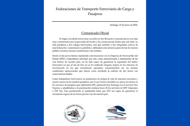 Comunicado de EFE Valparaíso y EFE Sur.