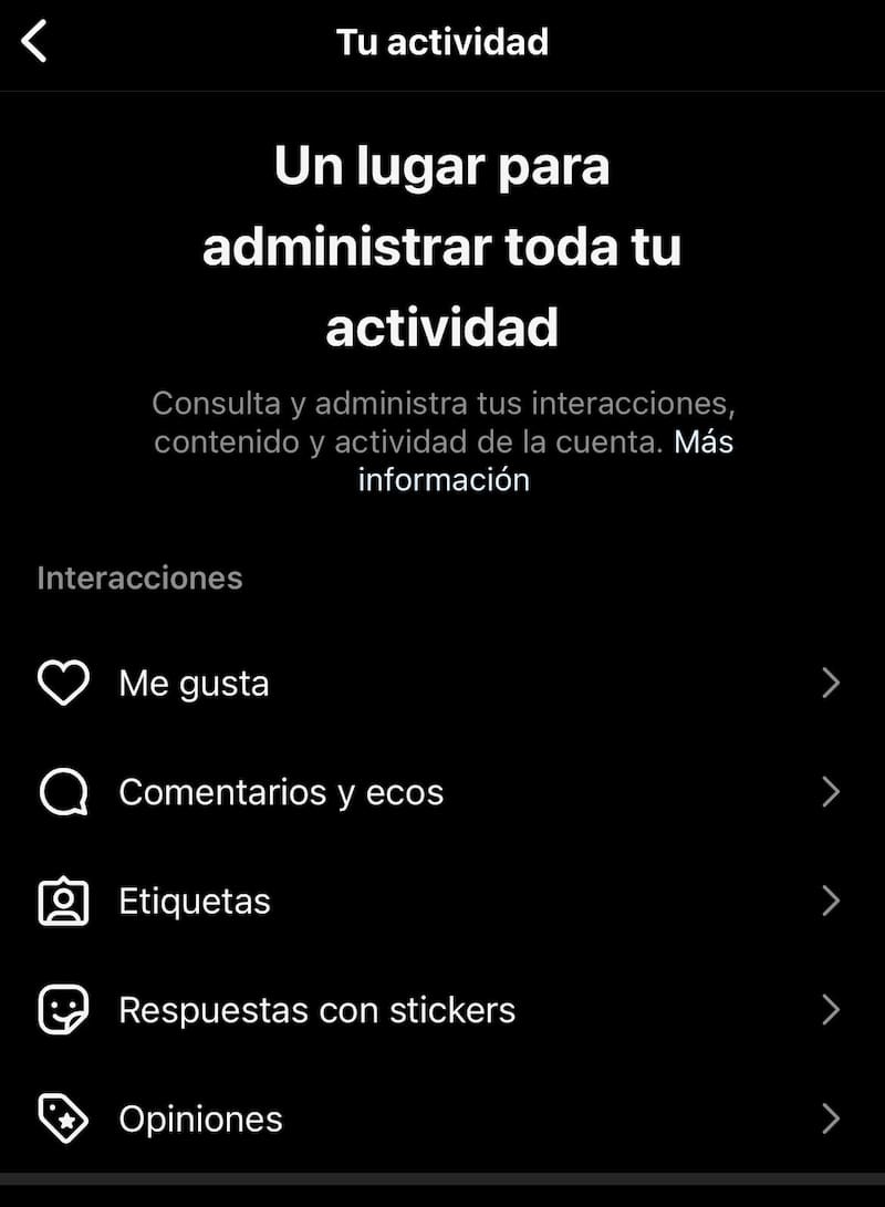 El menú de Instagram que te mostrará luego las primeras fotos a las que le diste like.