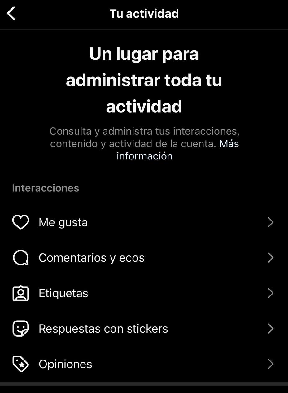 El menú de Instagram que te mostrará luego las primeras fotos a las que le diste like.