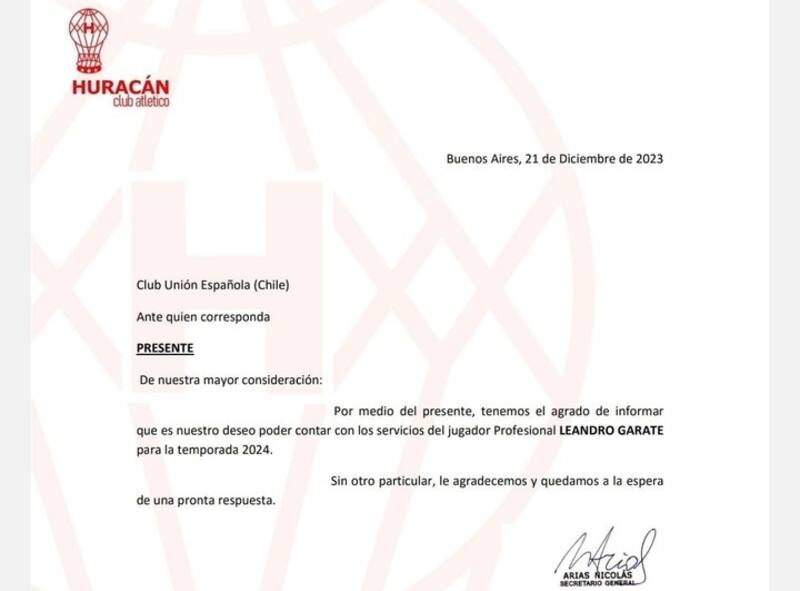 La carta de Huracán hacia Unión Española por Leandro Garate.