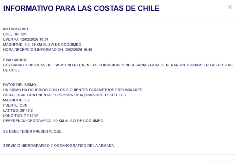 Según la entidad, el movimiento telúrico no reúne las características para desatar el evento en las costas de nuestro país. Créditos: SHOA.
