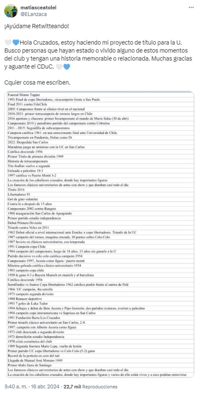 de Universidad Católica compartió larga lista de hitos del club.