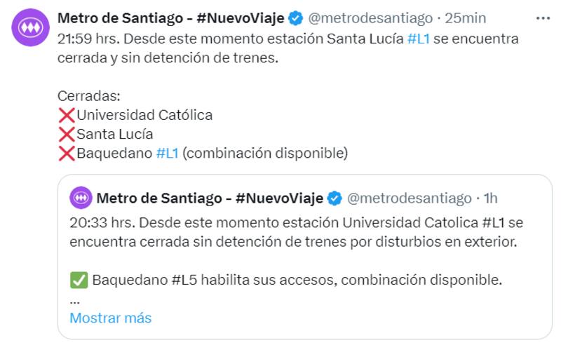 Cierre de estación Santa Lucía. Créditos: @metrodesantiago