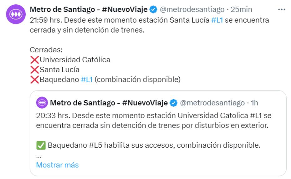 Cierre de estación Santa Lucía. Créditos: @metrodesantiago