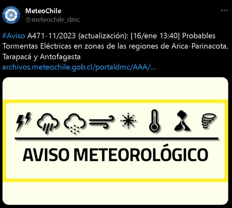 Aviso de posible tormenta eléctrica para el norte de Chile.
