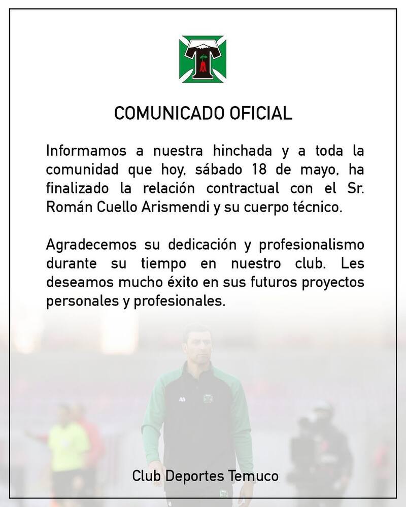 Deportes Temuco y su comunicado sobre la salida de Román Cuello.