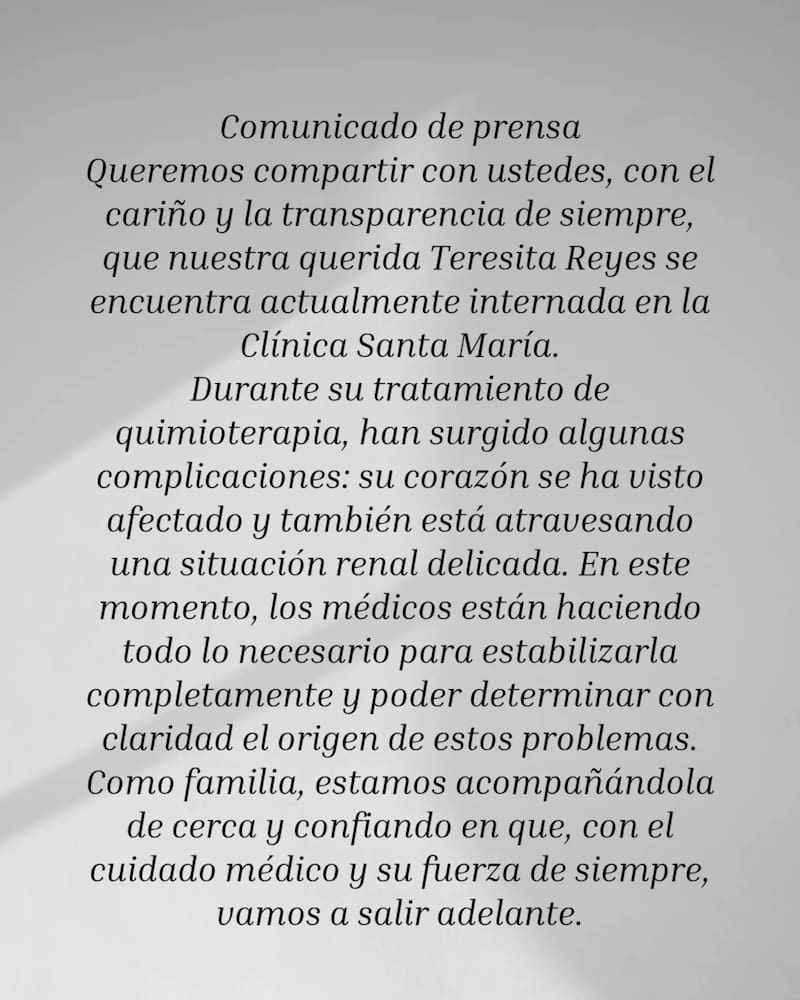 Comunicado escrito por la familia de la actriz y compartido en su cuenta de Instagram.