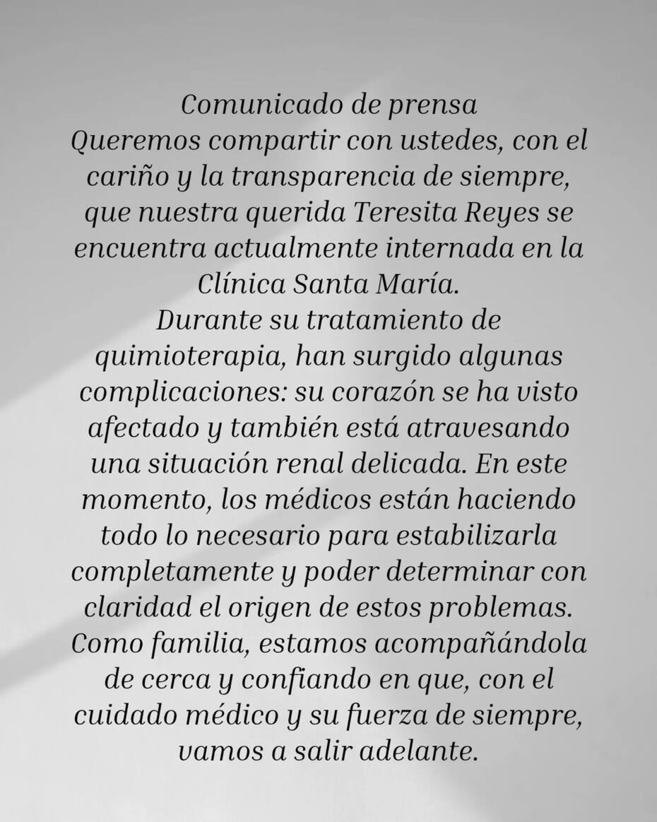 Comunicado escrito por la familia de la actriz y compartido en su cuenta de Instagram.