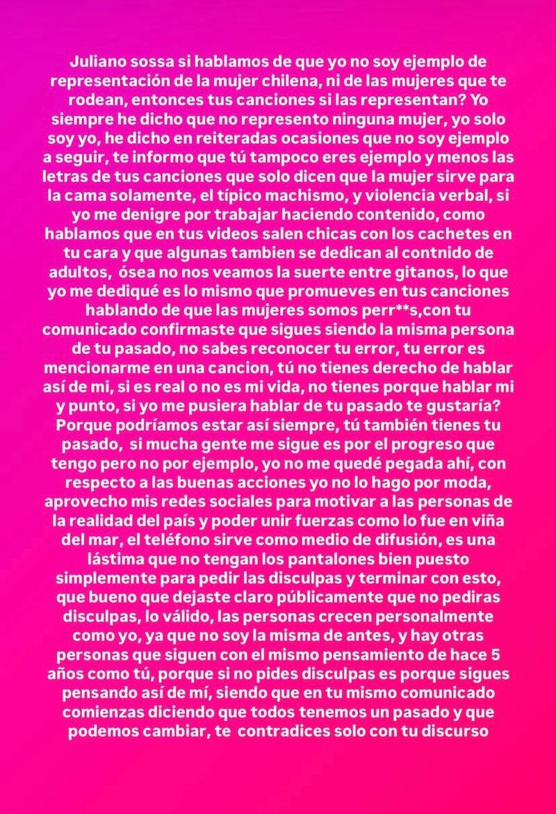 La influencer le respondió con todo a Julianno Sosa.