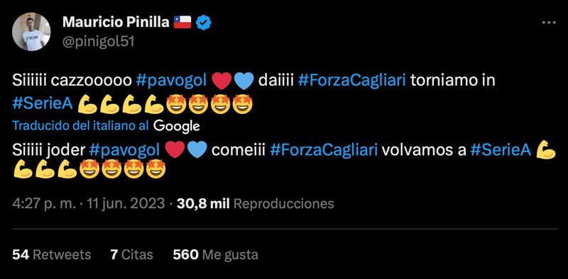 El festejo de Mauricio Pinilla tras la vuelta a la Serie A del Cagliari.