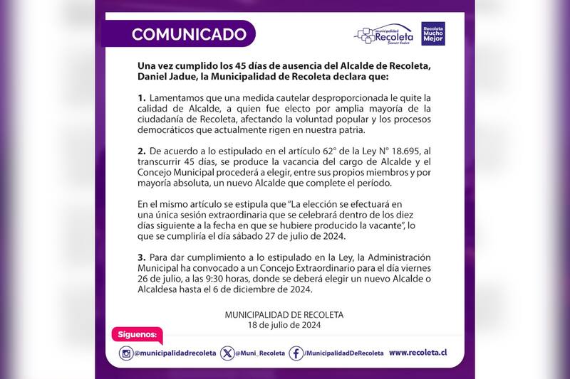 Así anunció el Consejo Municipal la decisión de reunirse para poder elegir a un nuevo alcalde suplente ante la salida de Jadue.