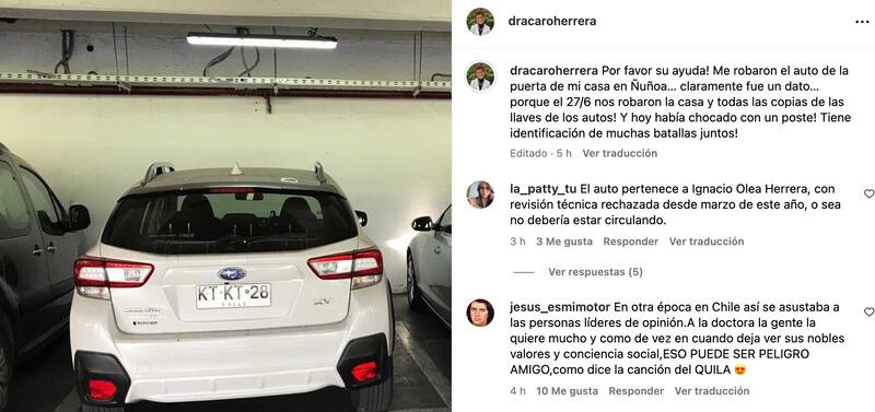 La doctora Carolina Herrera subió este mensaje a su cuenta de Instagram tras sufrir el robo de su auto.