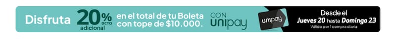 Pagando con Unipay obtendrás hasta $10.000 de rebaja en el total de tu boleta.