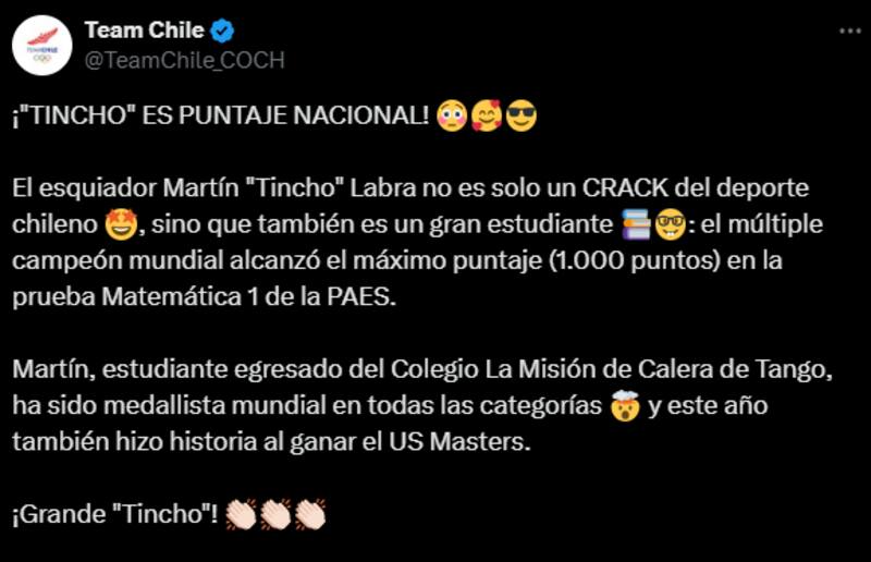 Team Chile felicitó vía X a Martín Labra por su puntaje máximo en la PAES.