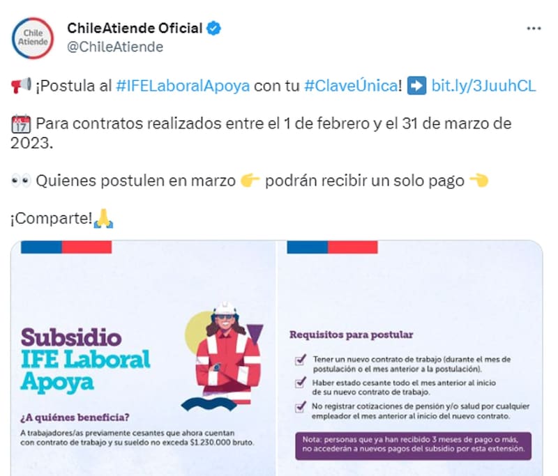 Conoce cómo puedes acceder a este beneficio y cuáles son los requisitos del IFE Laboral. Créditos: Captura de pantalla de tweet de Chile Atiende.
