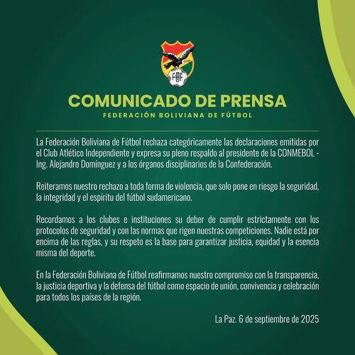 La FBF se refirió a la polémica entre Independiente y Conmebol