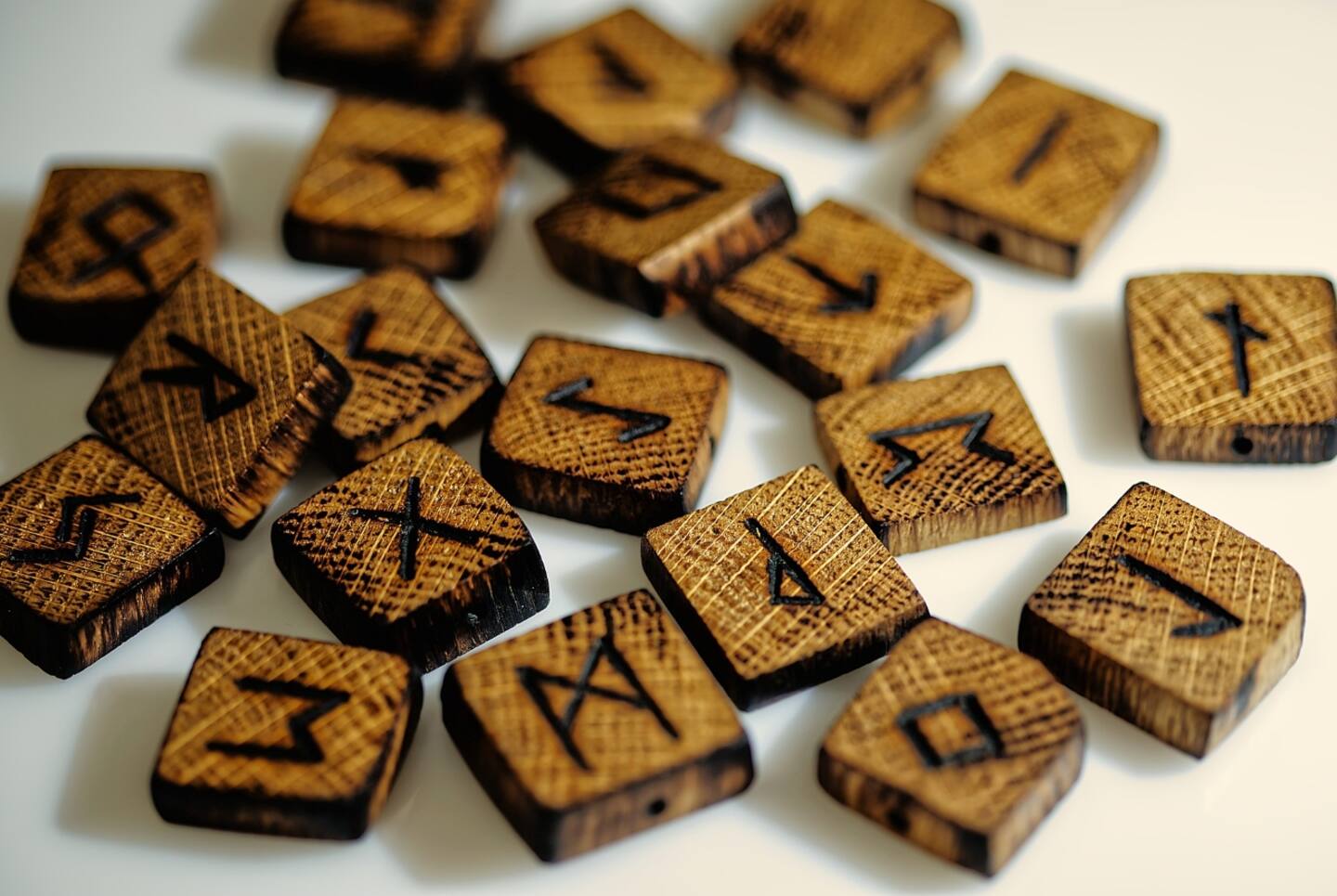 Runas de madera desplegadas sobre un fondo blanco