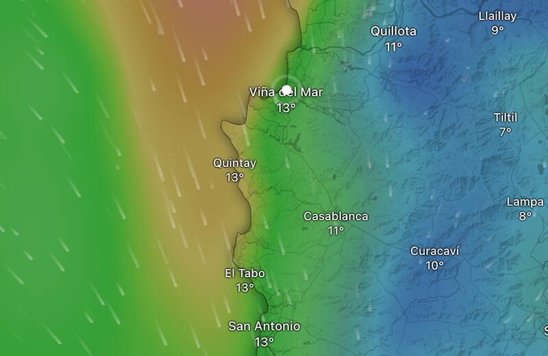 Lluvia en Viña del Mar y Valparaíso. Se espera que recién este sábado declinen las precipitaciones. Foto: Captura Windy