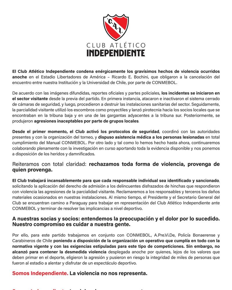 Comunicado de prensa Independiente.