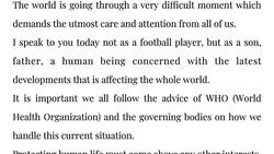 Cristiano Ronaldo por coronavirus: "Proteger la vida humana debe estar sobre cualquier interés"