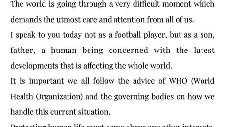 Cristiano Ronaldo por coronavirus: "Proteger la vida humana debe estar sobre cualquier interés"
