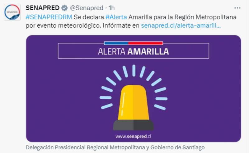 Se declara alerta amarilla por lluvias en la Región Metropolitana.