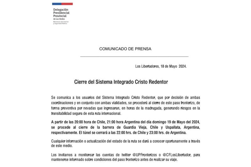 A través de este comunicado, se informó el cierre del paso fronterizo Los Libertadores a contar de este domingo.