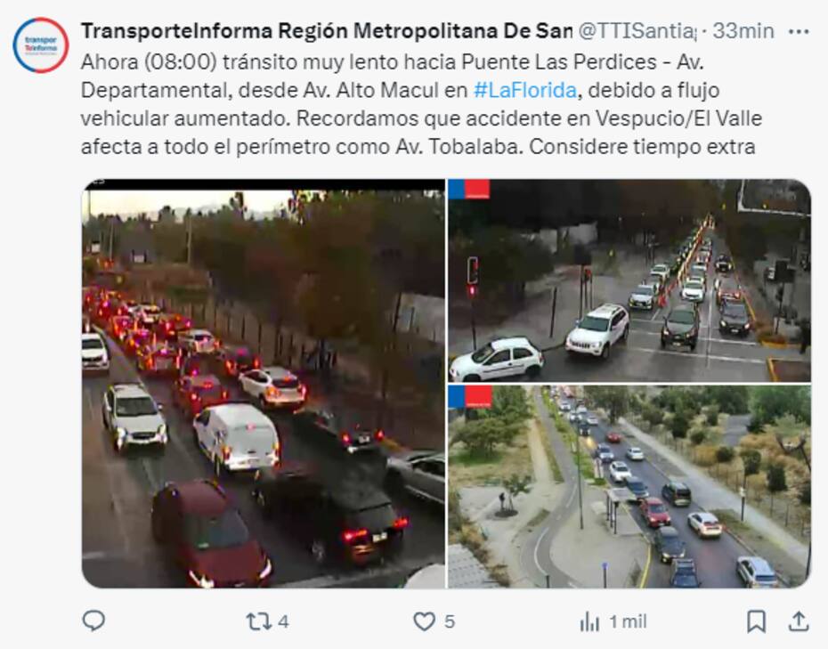 Comuna de La Florida presenta flujo vehícular debido a accidentes de tránsito en otros sectores de la capital.