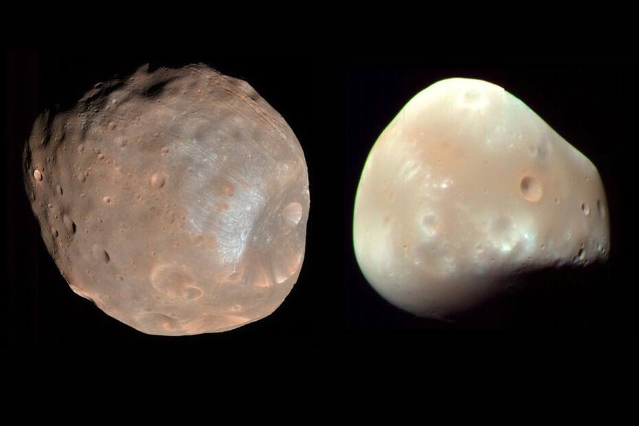 Los satélites Fobos y Deimos, de izquierda a derecha, respectivamente.