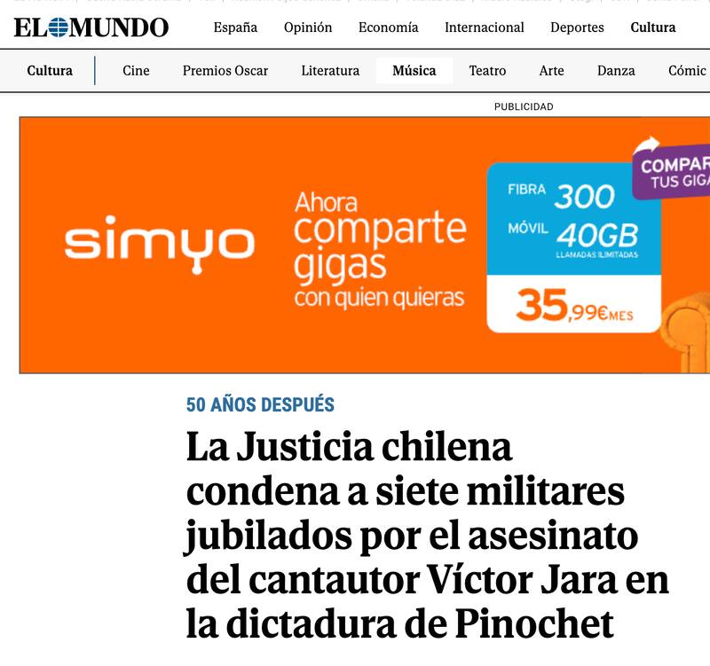 Así tituló el diario El Mundo de España la noticia de la condena contra siete exmilitares por el asesinato de Víctor Jara.