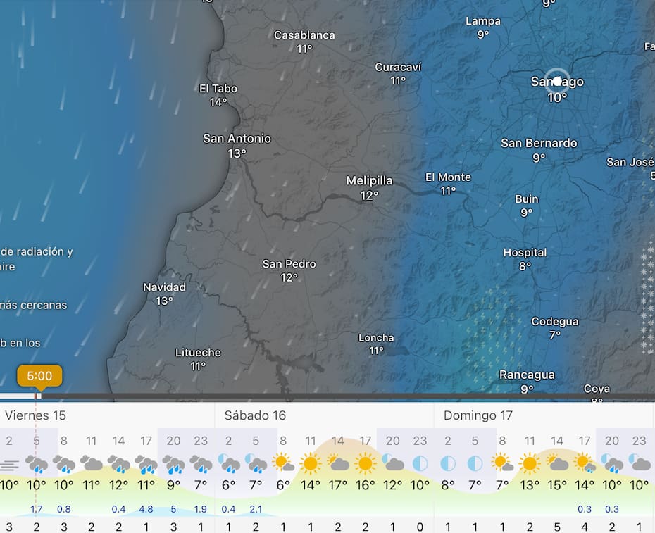 La aplicación entregó su pronóstico de lluvias para este viernes en la RM.