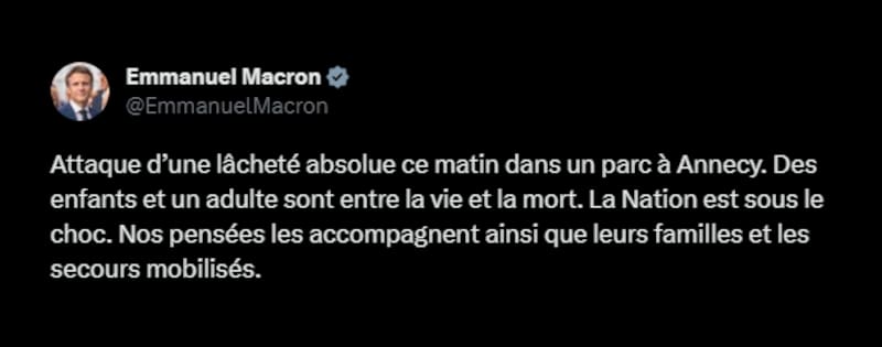 Estas fueron las palabras del Presidente de Francia: "Un ataque absolutamente cobarde el de esta mañana en un parque de Annecy. Niños y un adulto entre la vida y la muerte. El país está en shock. Nuestros pensamientos están con ellos, sus familias y los servicios de emergencia". Créditos: Pantallazo Twitter.