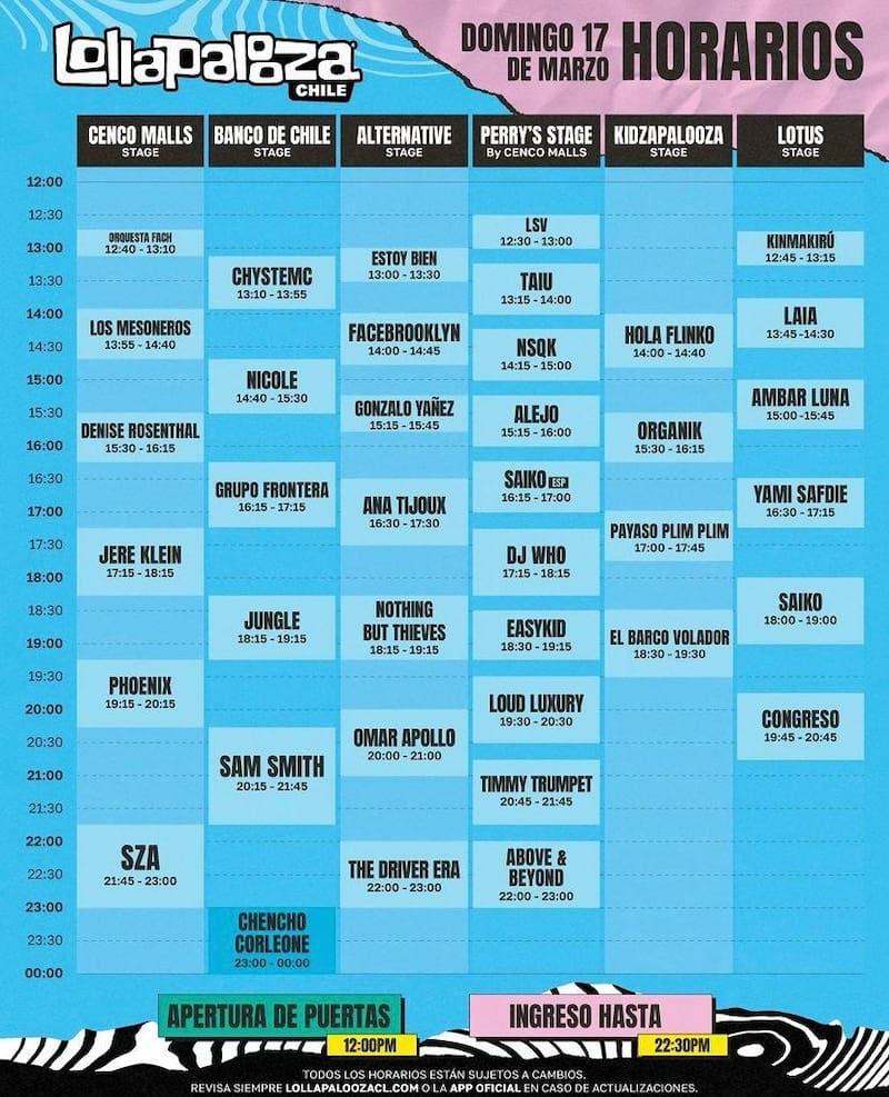 Estos son los horarios para el domingo en Lollapalooza Chile 2024.
