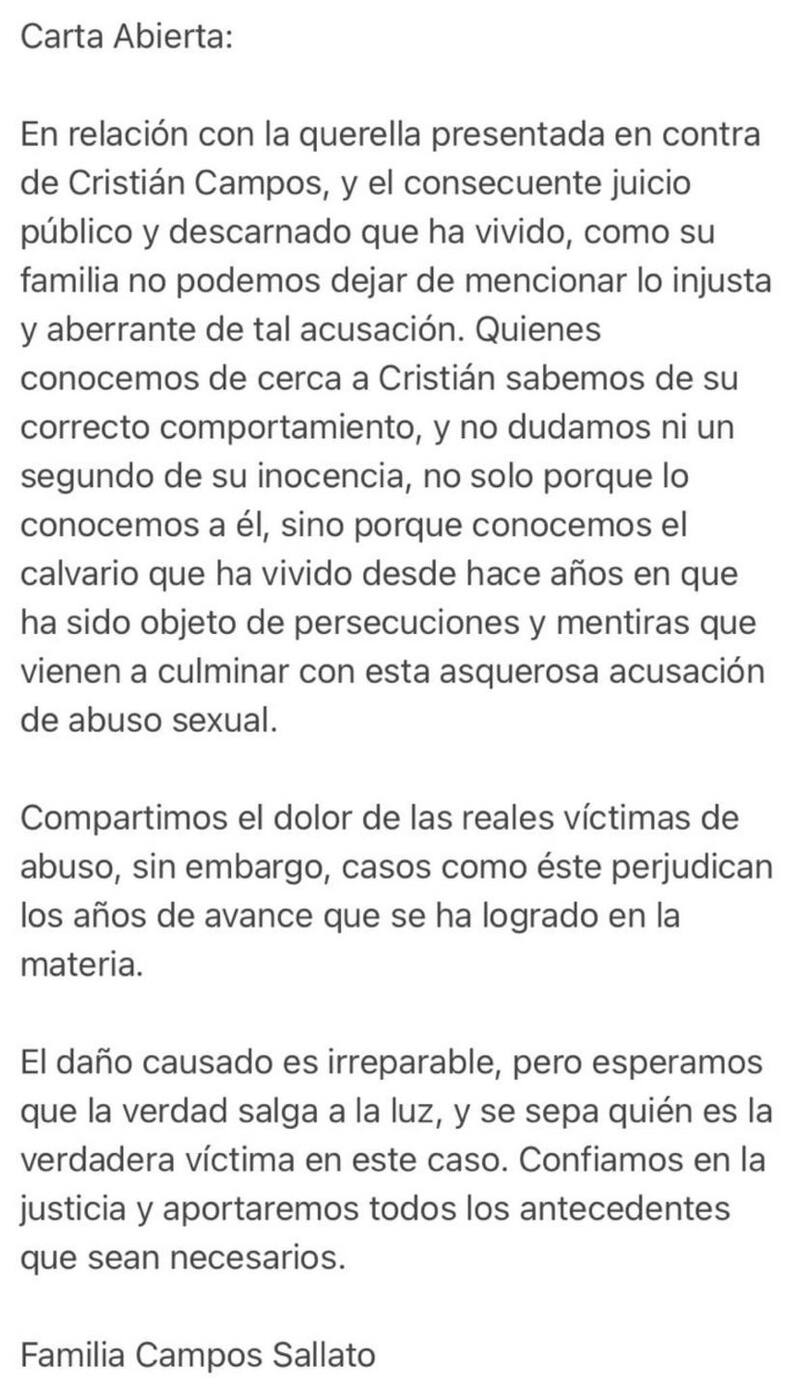 La carta abierta de la familia Campos Sallato.