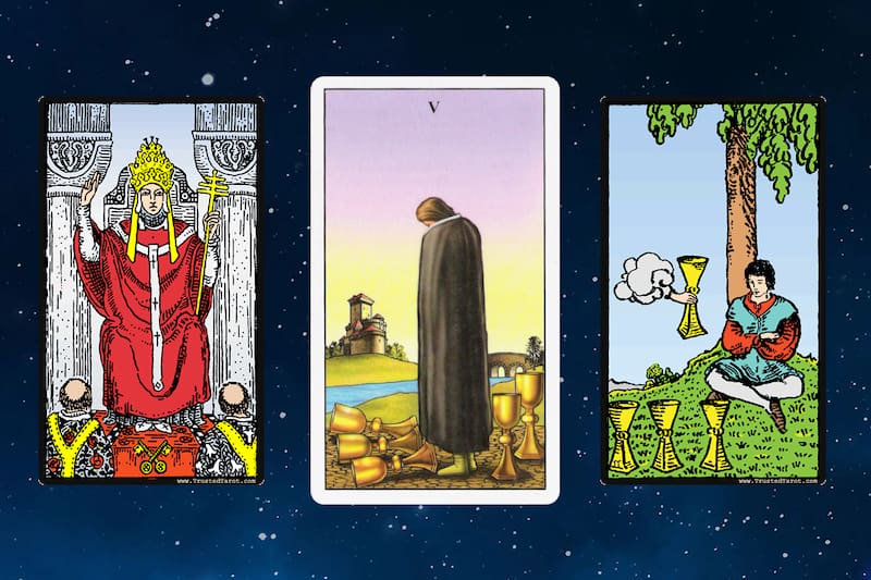 Cartas del tarot: 5 de abril | El Hirofante, Cinco de Copas y Cuatro de Copas.