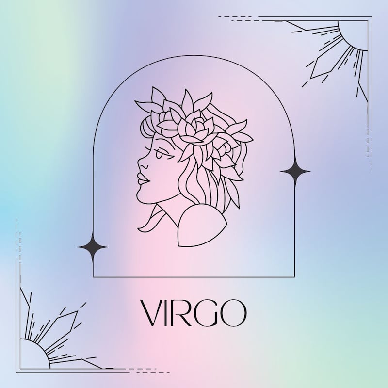 Dibujado en negro, el símbolo de Virgo aparece enmarcado sobre un fondo de suaves colores pastel.