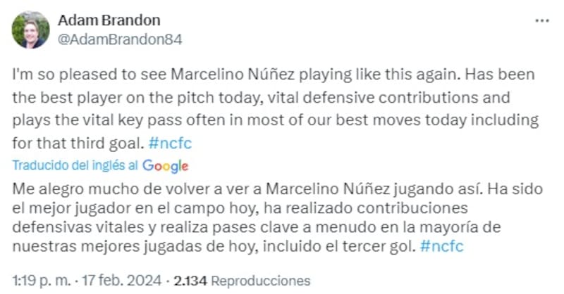 Hincha del Norwich destaca la importancia de Marcelino Núñez