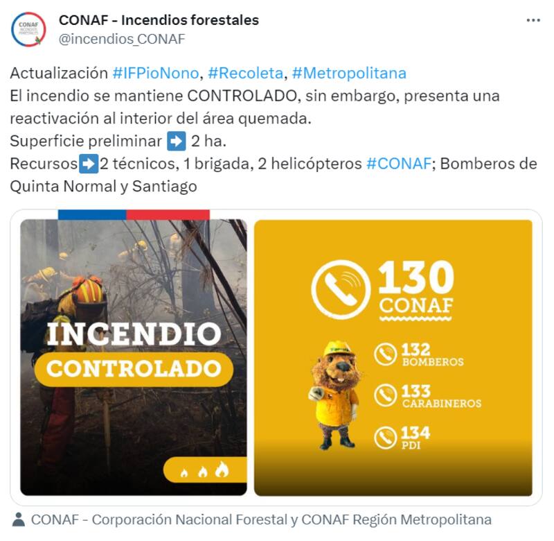 Conaf y Senapred refiriéndose al incendio del Cerro San Cristóbal.