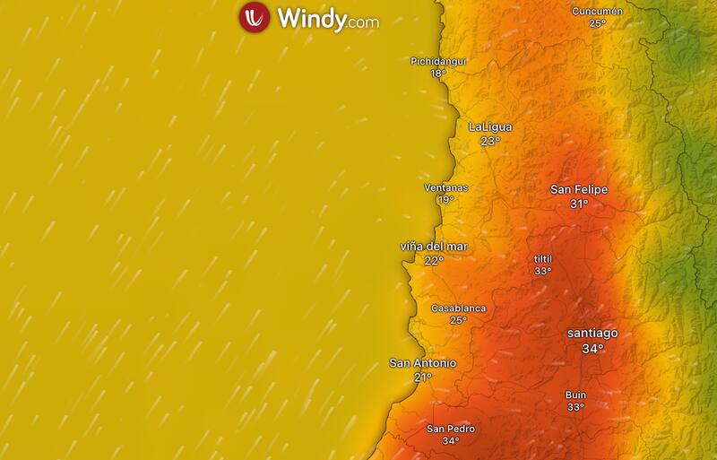 Una ola de calor nocturna tendremos esta semana en la Región Metropolitana. Essta es la proyección de Windy para la medianoche de este miércoles en la Región Metropolitana. (Foto: Windy.com)