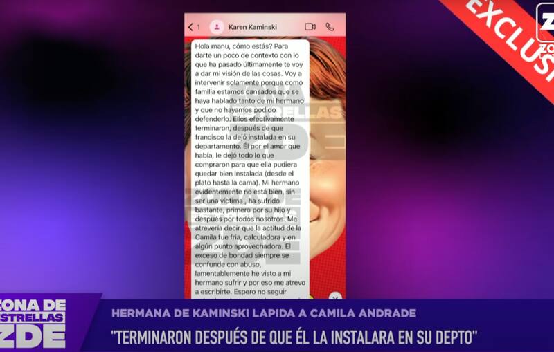 La hermana de Francisco Kaminski se lanzó contra Camila Andrade.