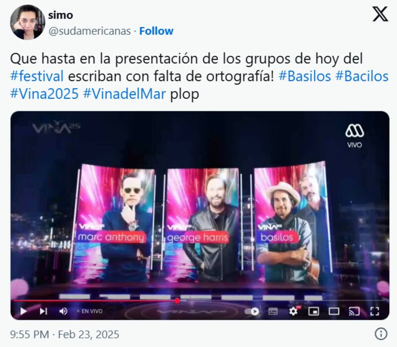 se mostraron molestos al notar la falta de ortografía en el nombre del dúo argentino Bacilos en las gráficas del Festival de Viña 2025.