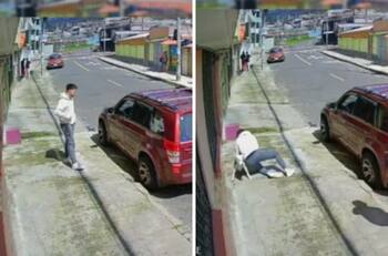 VIDEO| Hombre atrapa a perrito que se acaba de escapar, recibe un gran golpe y se hace viral